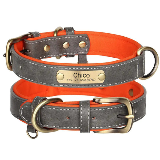 Elegante collar para perro con grabado, PU gris, interior de malla de neopreno naranja, anilla para placas de identificación