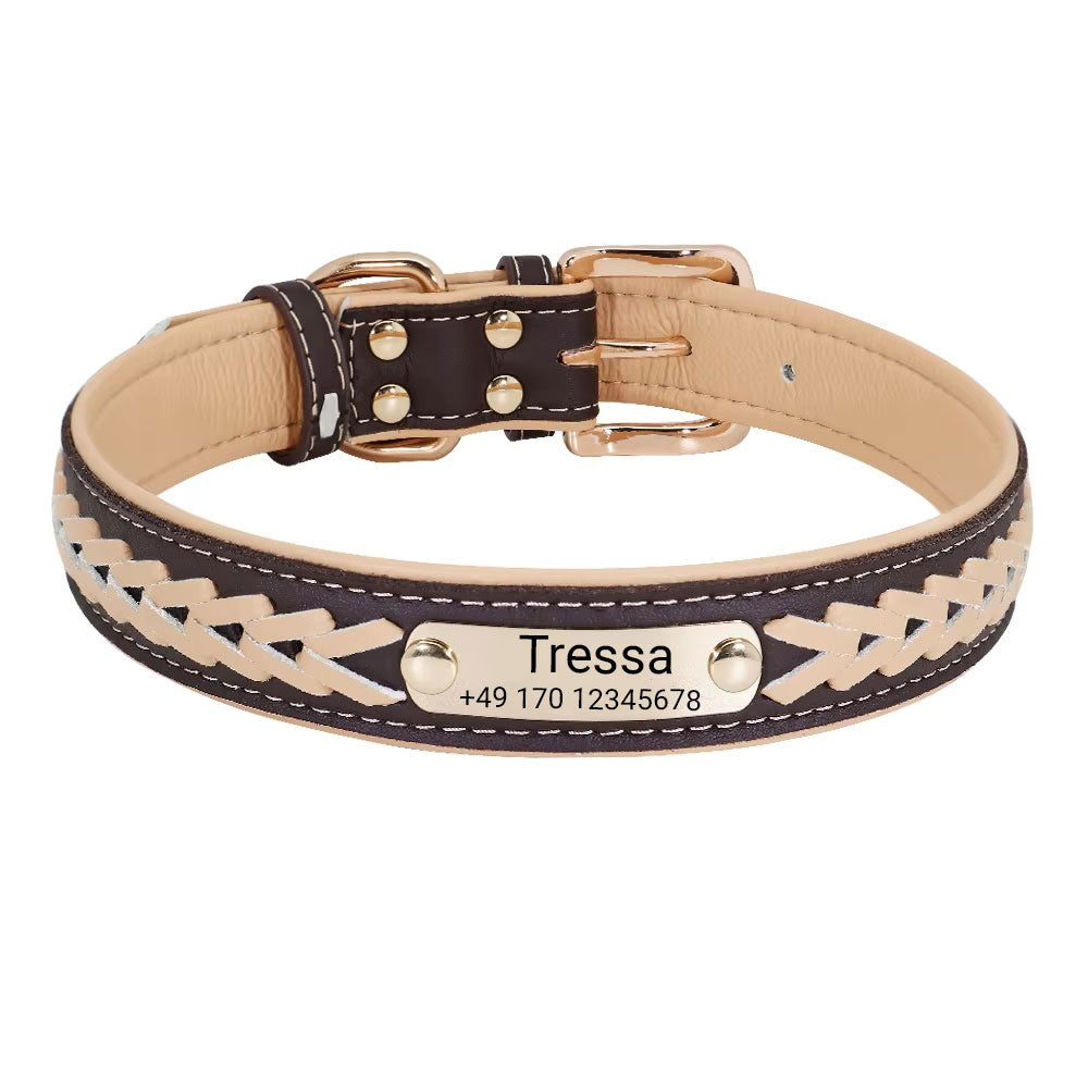 Collar de perro con nombre "Tressa". Grabado de nombre y teléfono, en tres tamaños diferentes