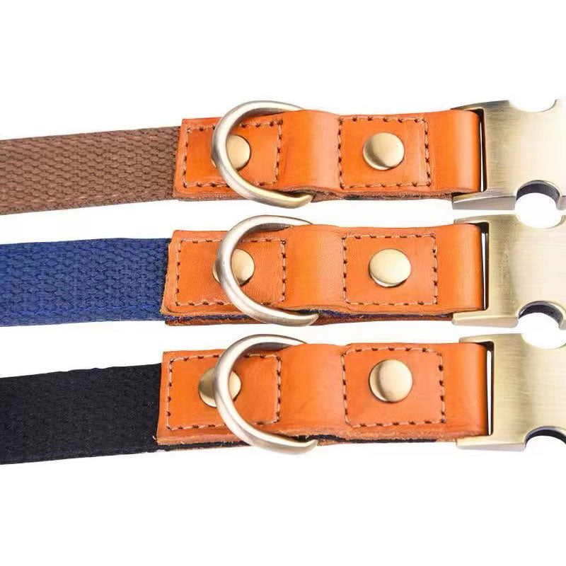 Collar para perro "Valdo" con grabado - robusto tejido PE y cuero - latón mate - azul marino, azul claro o verde (S-L)