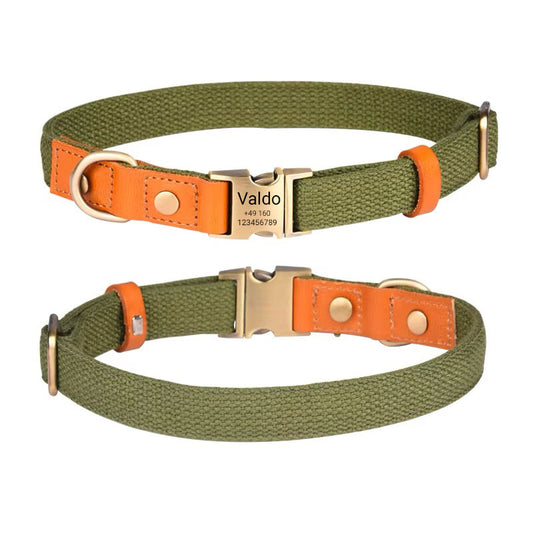 Collar para perro "Valdo" con grabado - robusto tejido PE y cuero - latón mate - azul marino, azul claro o verde (S-L)