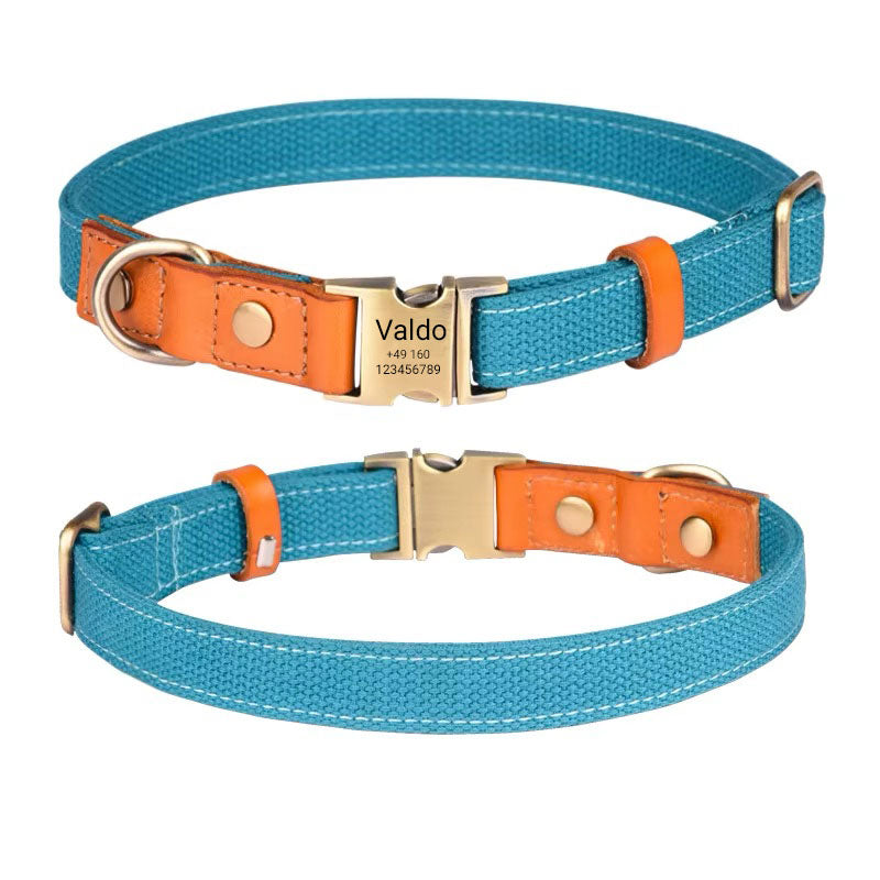 Collar para perro "Valdo" con grabado - robusto tejido PE y cuero - latón mate - azul marino, azul claro o verde (S-L)