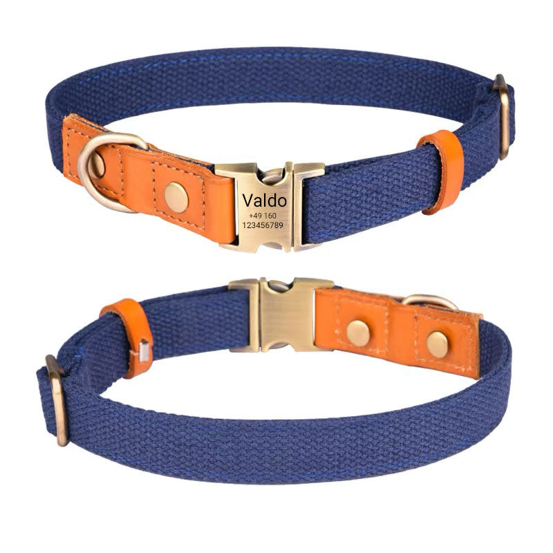 Collar para perro "Valdo" con grabado - robusto tejido PE y cuero - latón mate - azul marino, azul claro o verde (S-L)