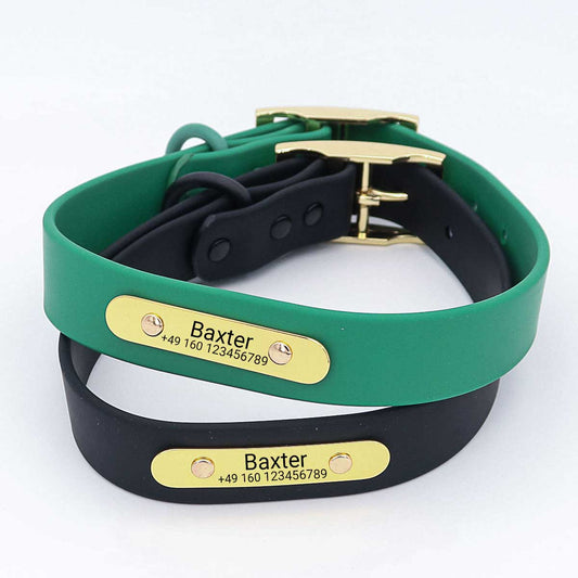 Collar para perro "Baxter" de biotano impermeable con grabado - Nombre y número de teléfono - Exterior - Verde o negro - S, M, L