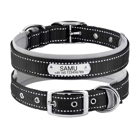 Collar para perro grabado "Samu" con costuras de seguridad reflectantes. Personalización con nombre y número de teléfono.