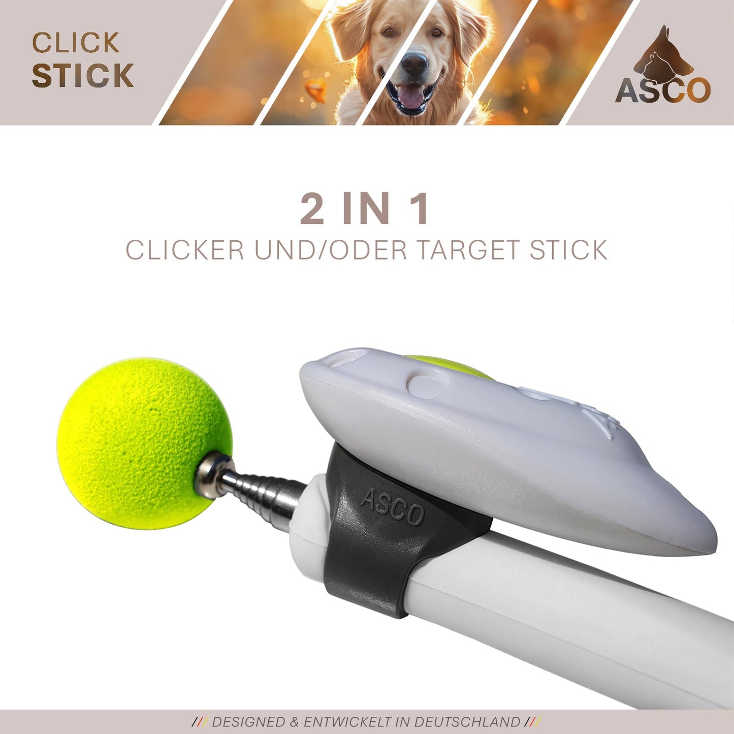 ASCO ClickStick - Target stick con clicker premium desmontable - Target stick para adiestramiento con clicker de perros y gatos - Target stick extensible con clicker extra - Target stick para adiestramiento de objetivos