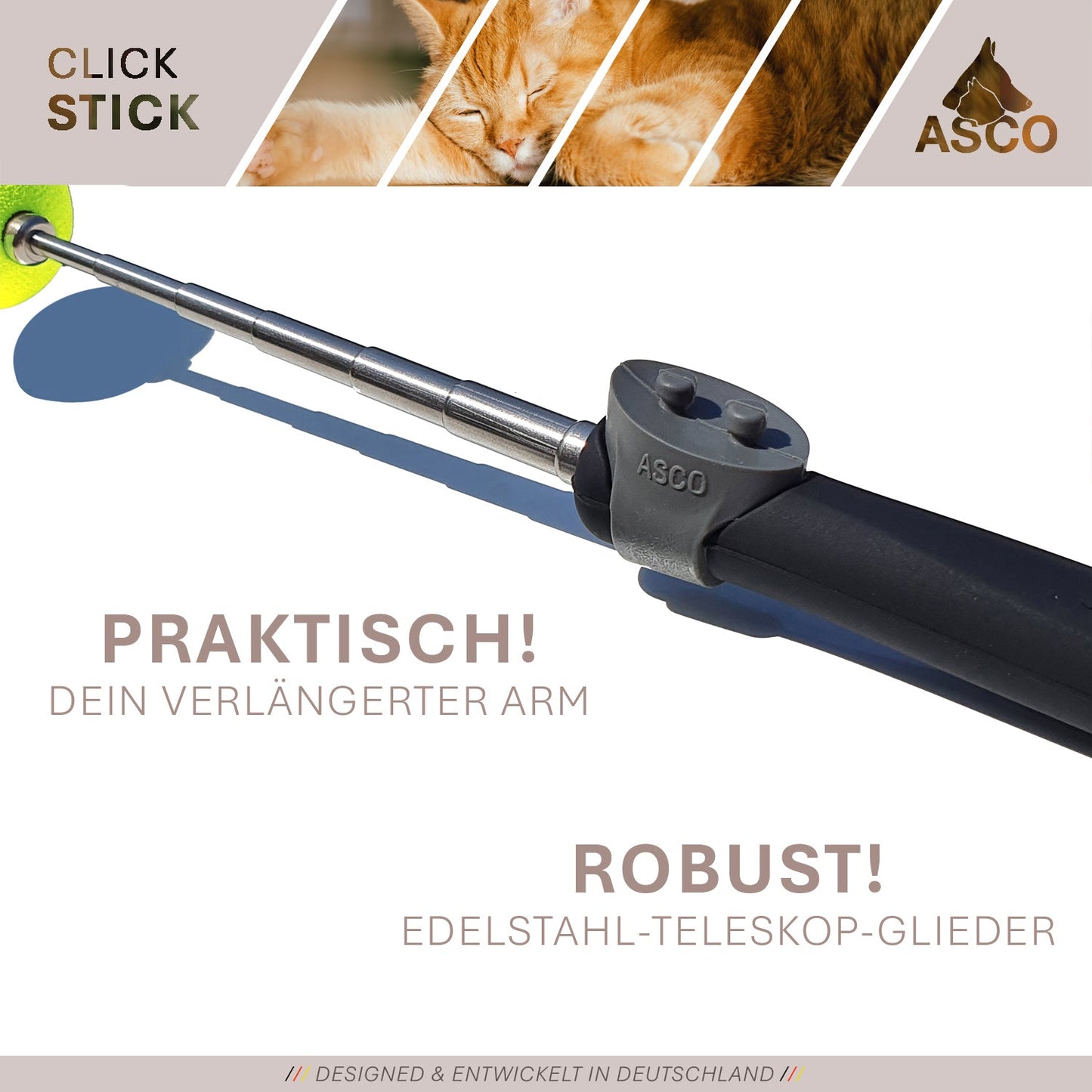 ASCO ClickStick - Target stick con clicker premium desmontable - Target stick para adiestramiento con clicker de perros y gatos - Target stick extensible con clicker extra - Target stick para adiestramiento de objetivos