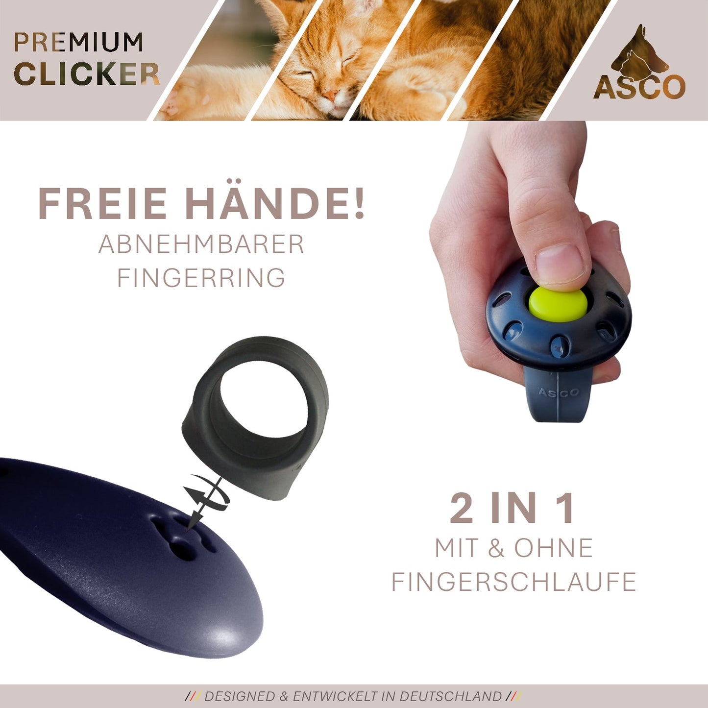 ASCO Finger Clicker - Clicker de adiestramiento premium para perros, gatos, caballos