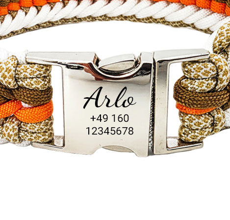 Arlo - Collar para perro hecho a mano de paracord con grabado | Naranja-Marrón-Blanco-Beige