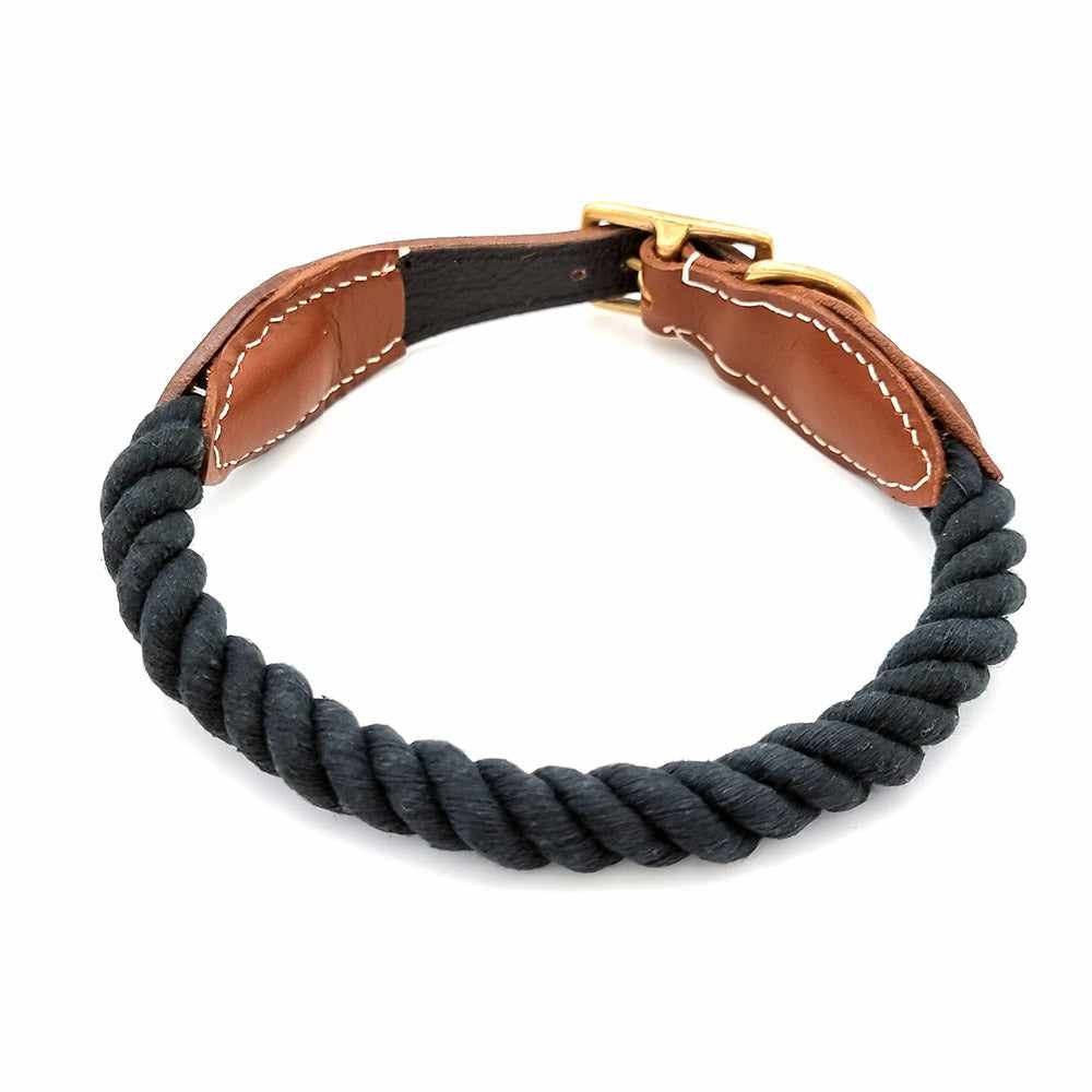 Hundehalsband aus Baumwollseil mit Verschluss aus Leder und Messing