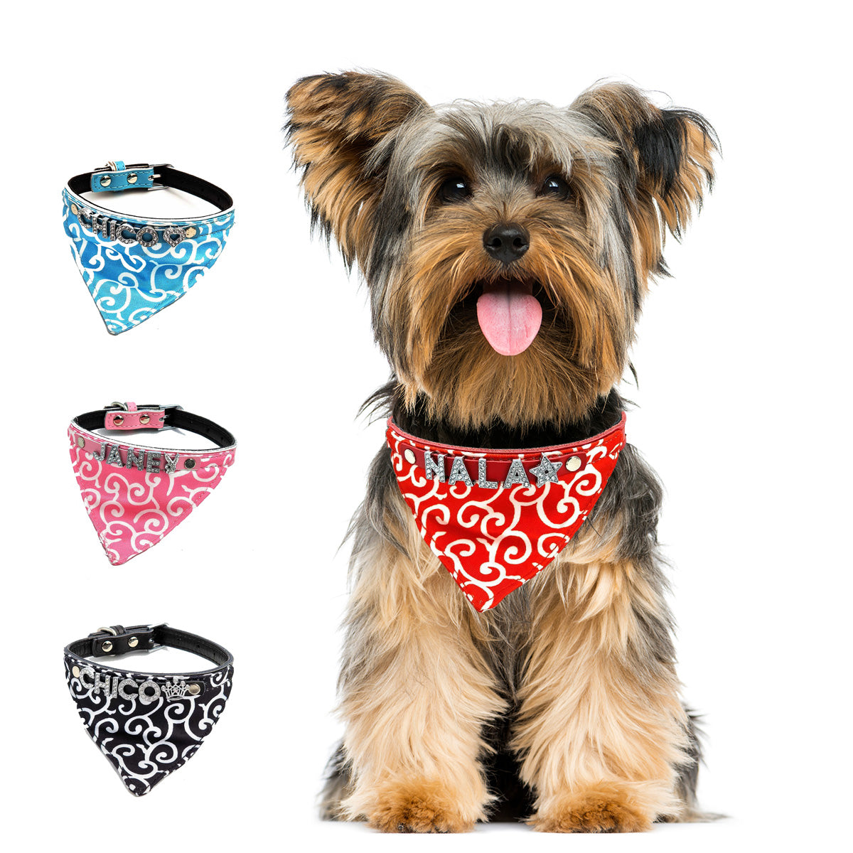 Bandana para perro con nombre y collar de cuero auténtico. Tachonado con letras brillantes de estrás.