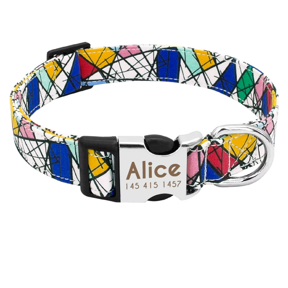 Collar para perro "Miro" grabado con nombre y teléfono, nylon, Art Style