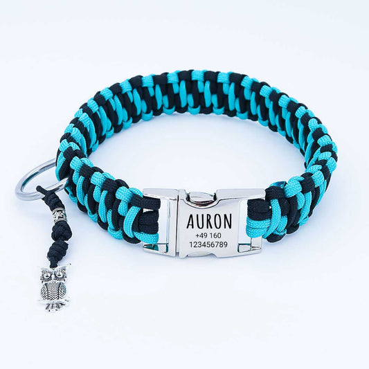 Collar para perro "Auron" de paracord con grabado de nombre y teléfono en la hebilla, tres tamaños diferentes