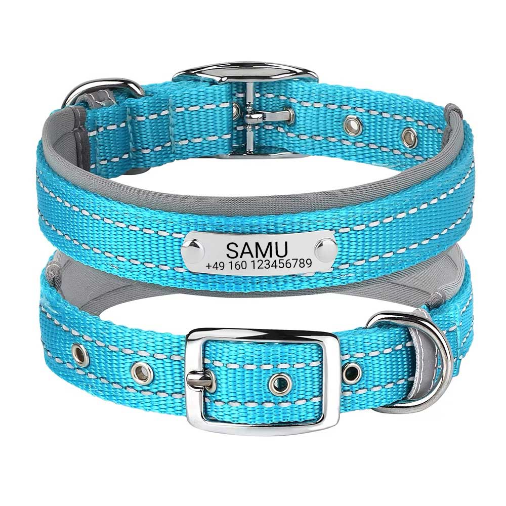 Collar para perro grabado "Samu" con costuras de seguridad reflectantes. Personalización con nombre y número de teléfono.