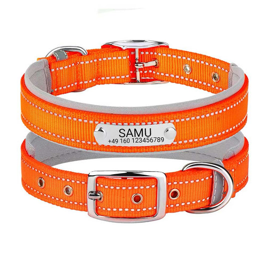 Collar para perro grabado "Samu" con costuras de seguridad reflectantes. Personalización con nombre y número de teléfono.