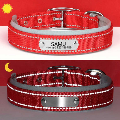 Collar para perro grabado "Samu" con costuras de seguridad reflectantes. Personalización con nombre y número de teléfono.