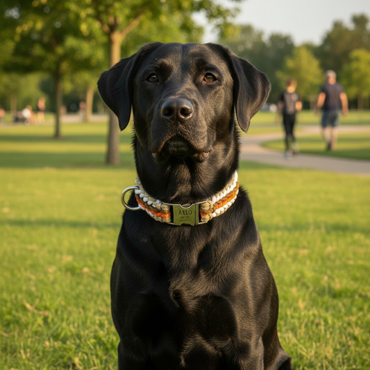 Arlo - Collar para perro hecho a mano de paracord con grabado | Naranja-Marrón-Blanco-Beige